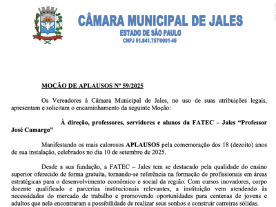 Reconhecimento: Fatec Jales recebe Moção de Aplausos